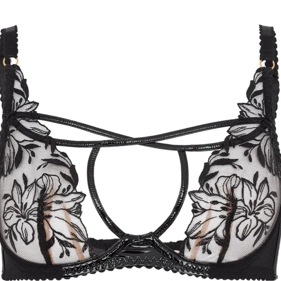 Agent Provocateur Black Floral Lace Bra 36B Scallop Strap Leather Look Detail - Picture 2 of 7